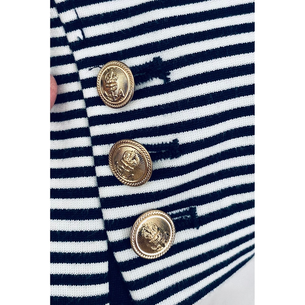 Cabi Navy White Striped Double Breasted Blazer Gold Crest Button Jacket Womens M - Picture 10 of 10